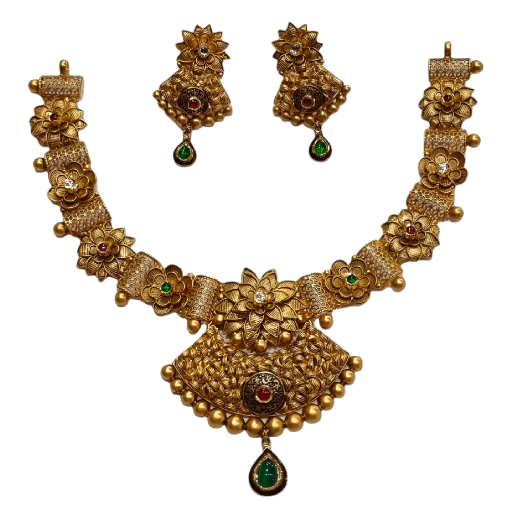 22K Gold Antique Oxidised Modern Necklace Set MGA - GN0098