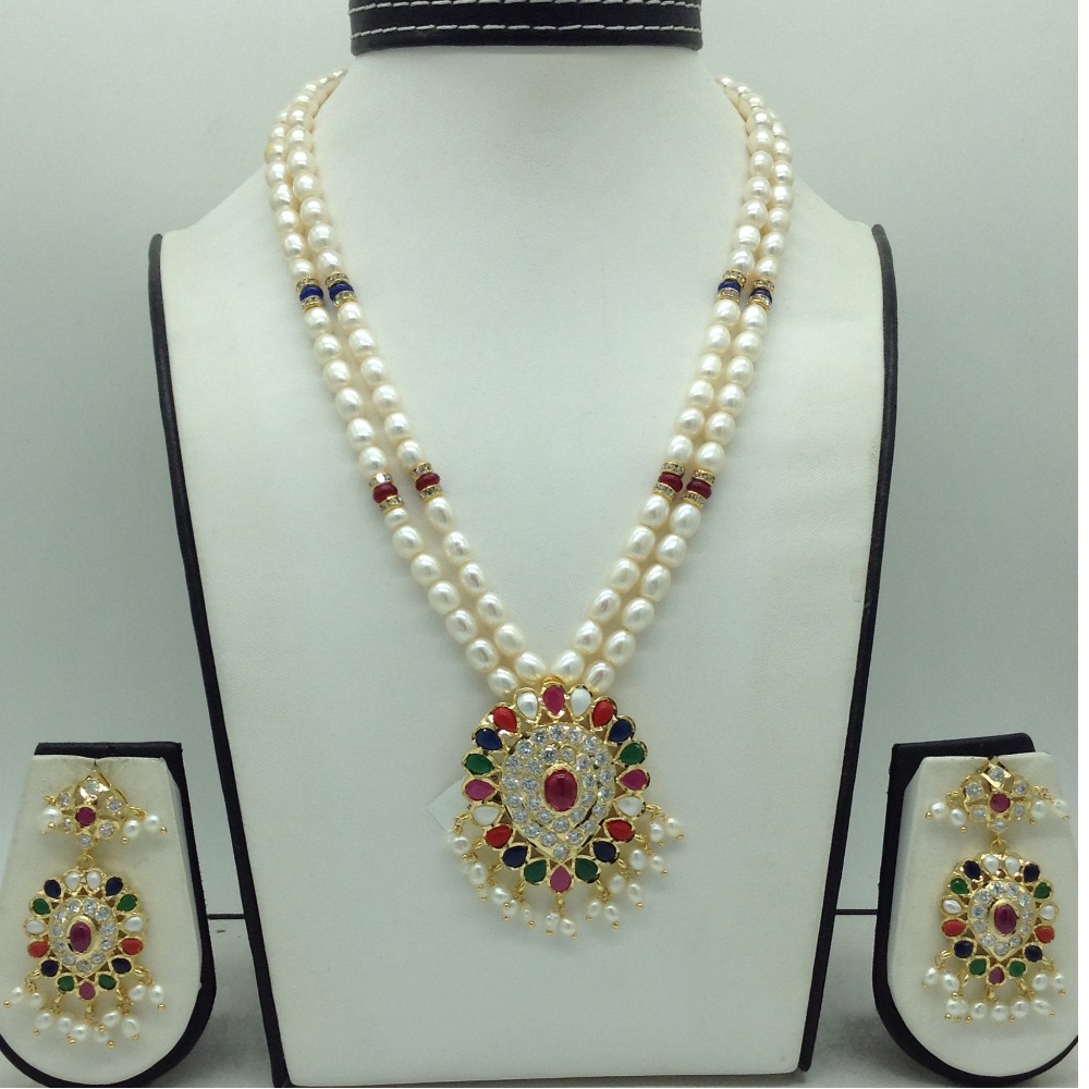 White Cz Navratan Pendent Set With 2 Line Pearls Mala JPS0857