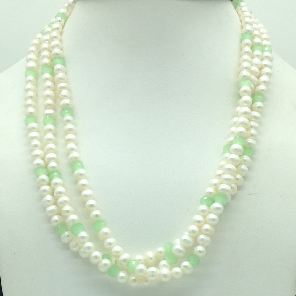 White potato pearls with green stones 3 layers necklace jpm0458