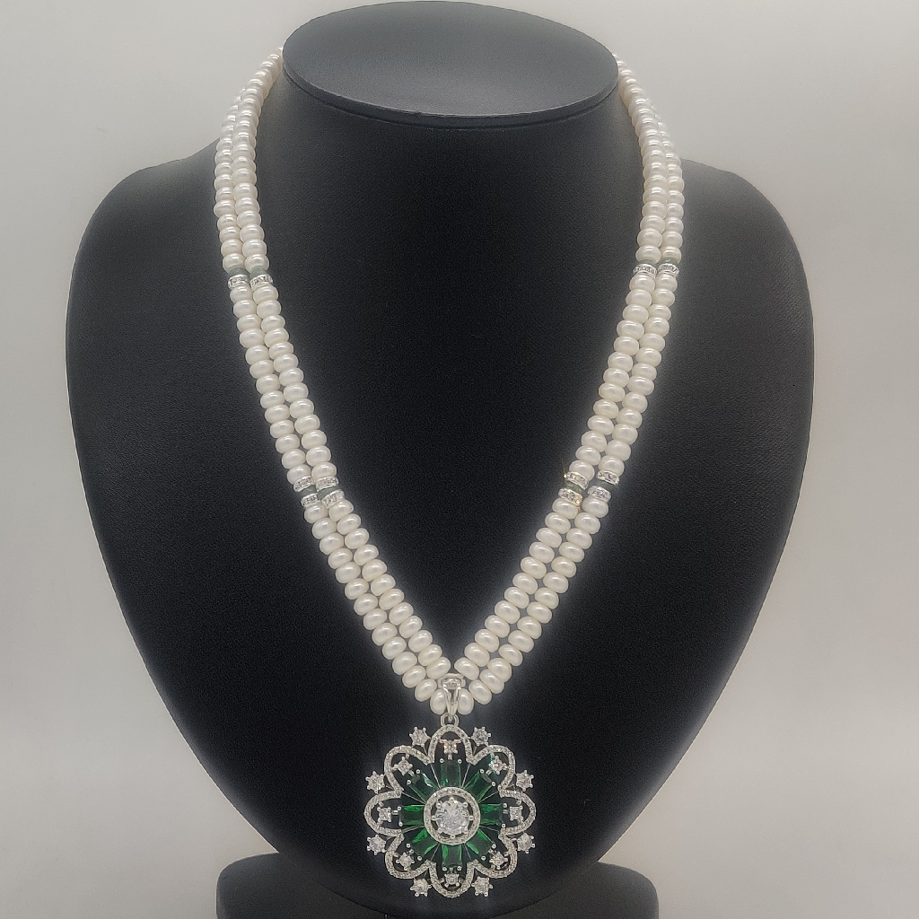 White Green Cz Stones Pendent Set with Pearls Mala JPS1020