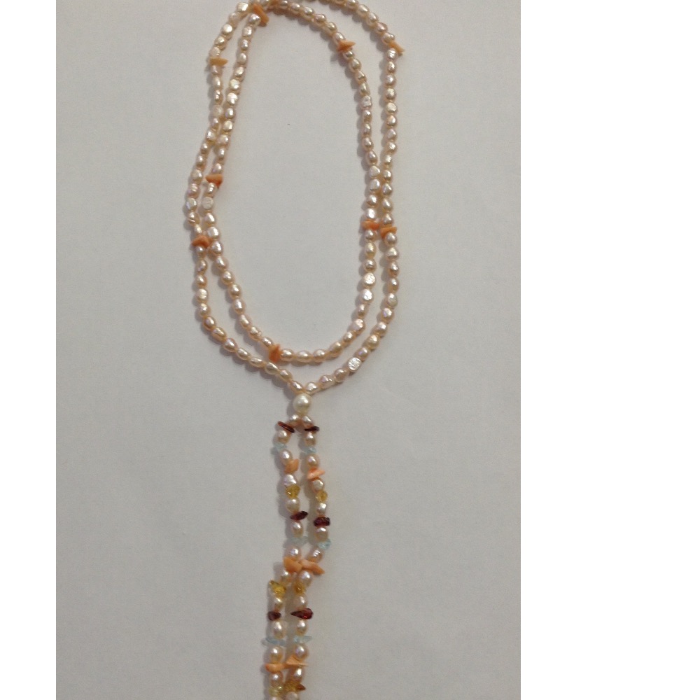 orange oval baroque pearls long mala with semi chips JPM0230