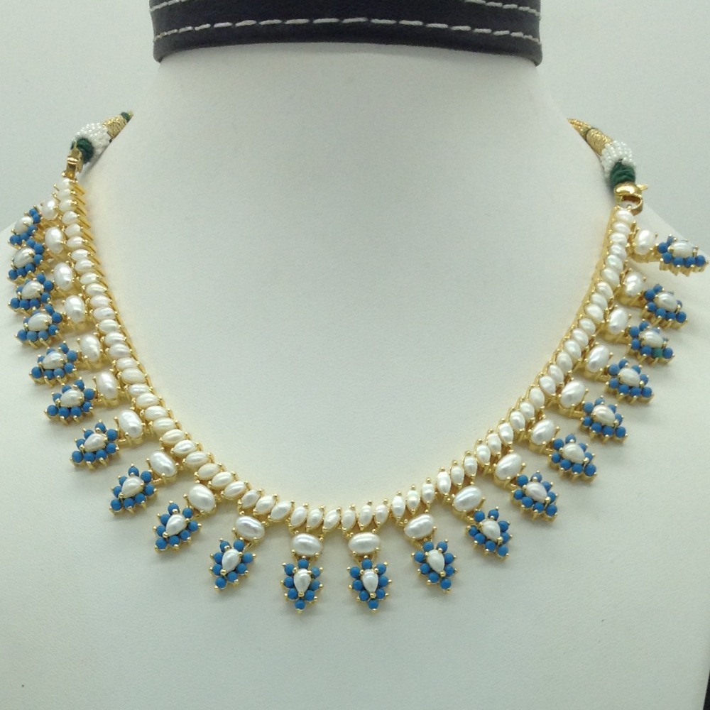 white button pearls and turquoise necklace set jnc0110