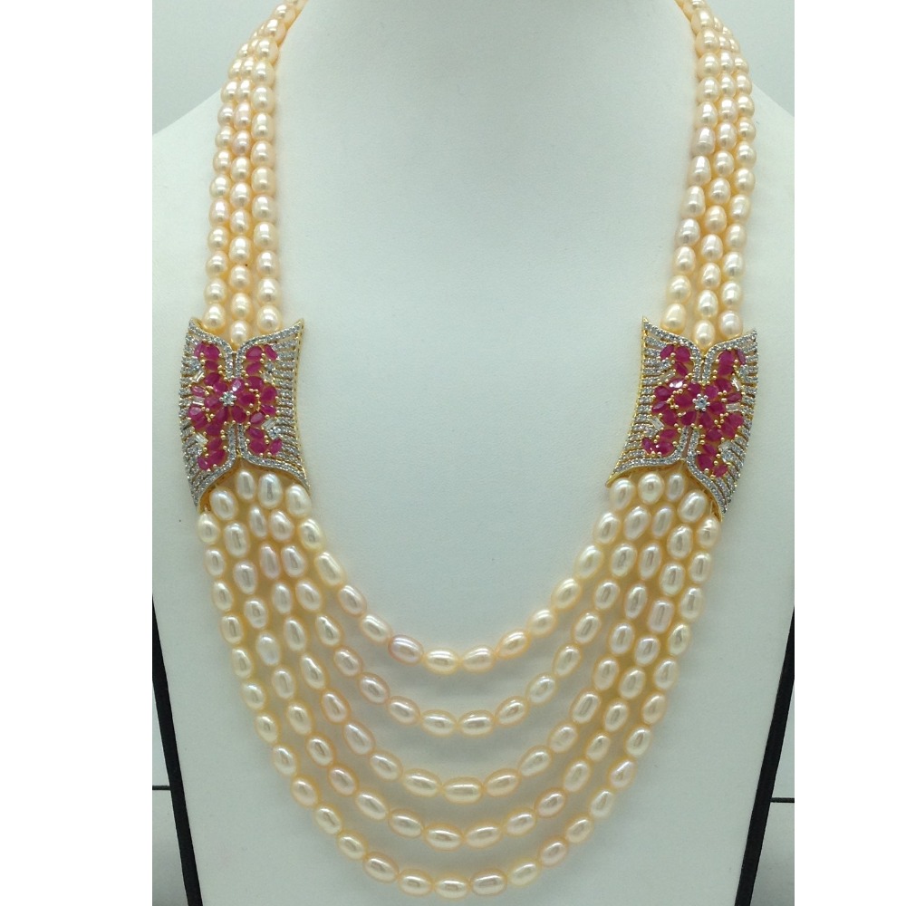 White And Red CZ Brooch Set With 5 Lines Oval Pearls Mala JPS0653