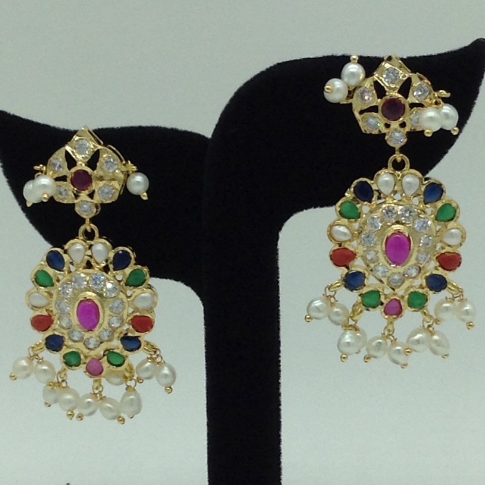 White Cz Navratan Pendent Set With 2 Line Pearls Mala JPS0857