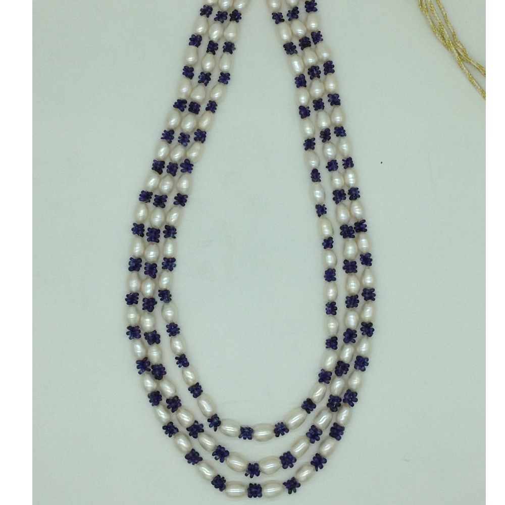 White Oval Pearls with Blue Beeds 3 Layers Mala JPM0527