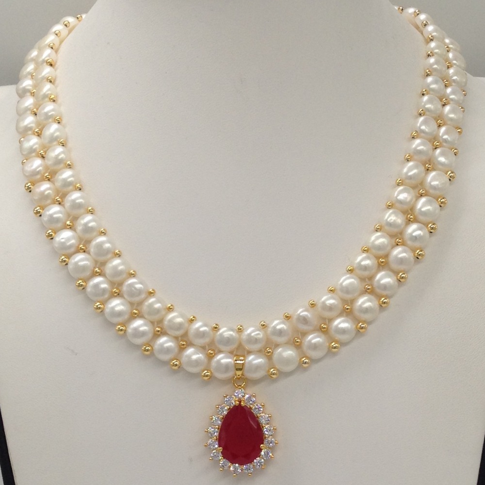 White;red cz pendent set with 2 line button pearls mala jps0259