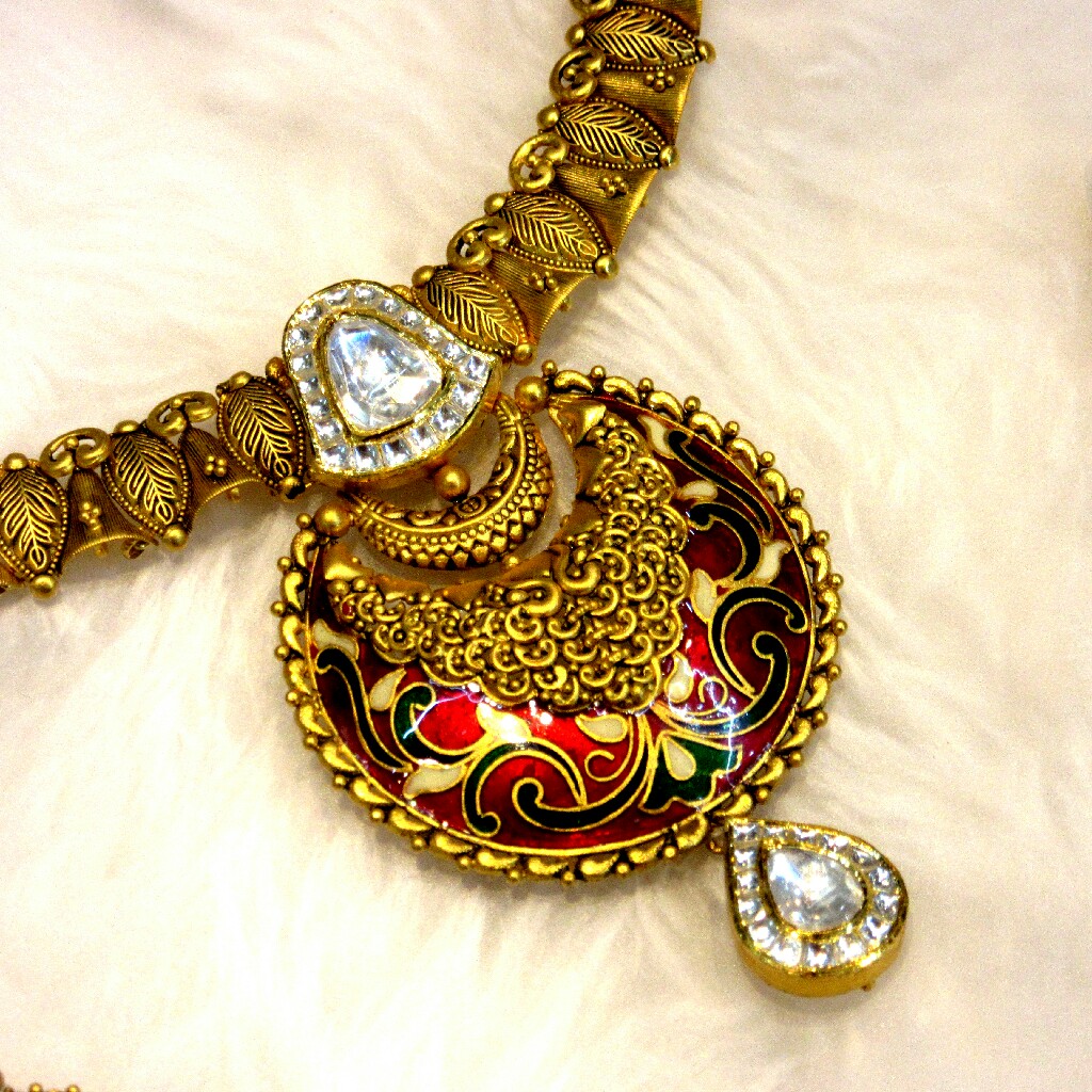 Gold 22k Hallmark Antique Meena Jadtar Necklace Set