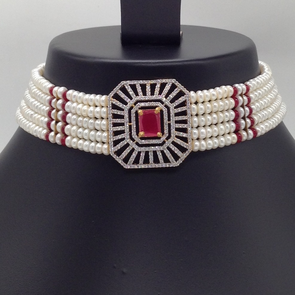 White And Red CZ Choker Set With 5 Line Flat Pearls Mala JPS0512