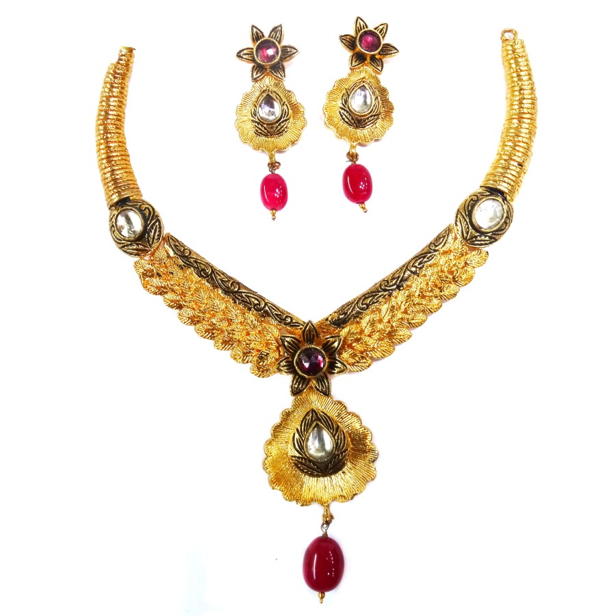 One gram gold forming antique necklace set mga - gfn0010