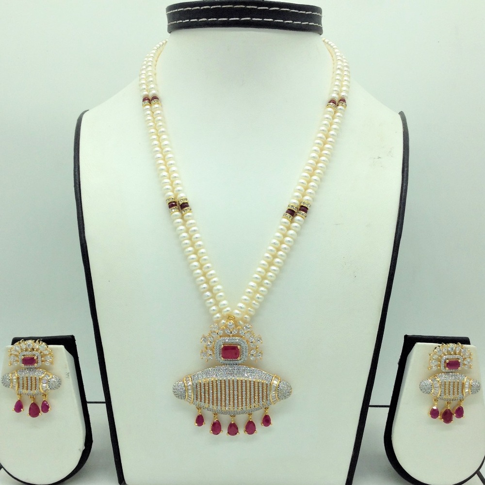 White,red cz pendent set with 2 line flat pearls jps0700