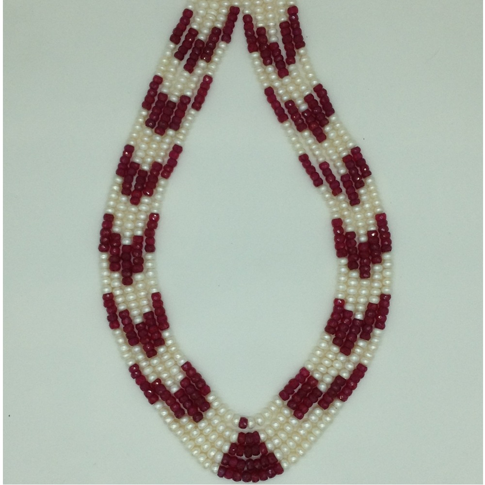 White Flat Pearls with Red Beeds 5 Layers Mala JPM0523