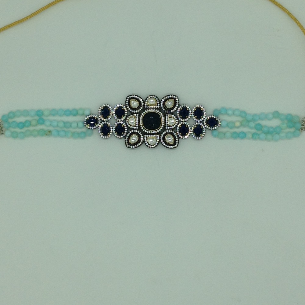 White And Blue CZ Choker Set With 3 Line Blue Beeds JPS0567