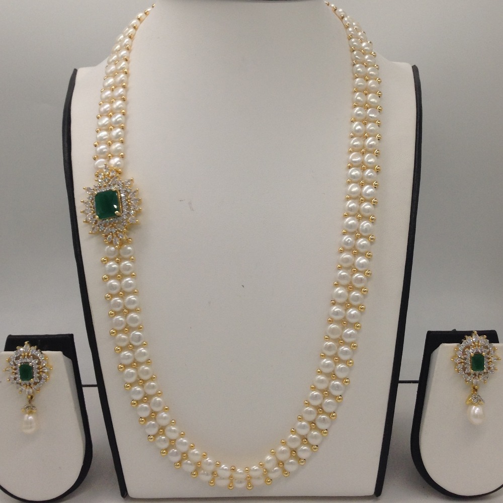 White And Green CZ Broach Set With 2 Line Button Jali Pearls Mala JPS0223