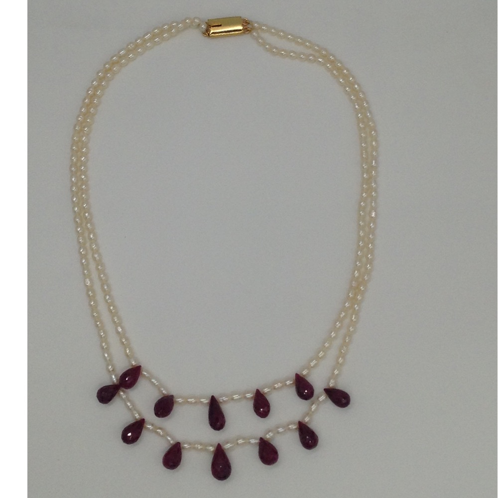 white rice pearls necklace with red ruby drops JPM0203