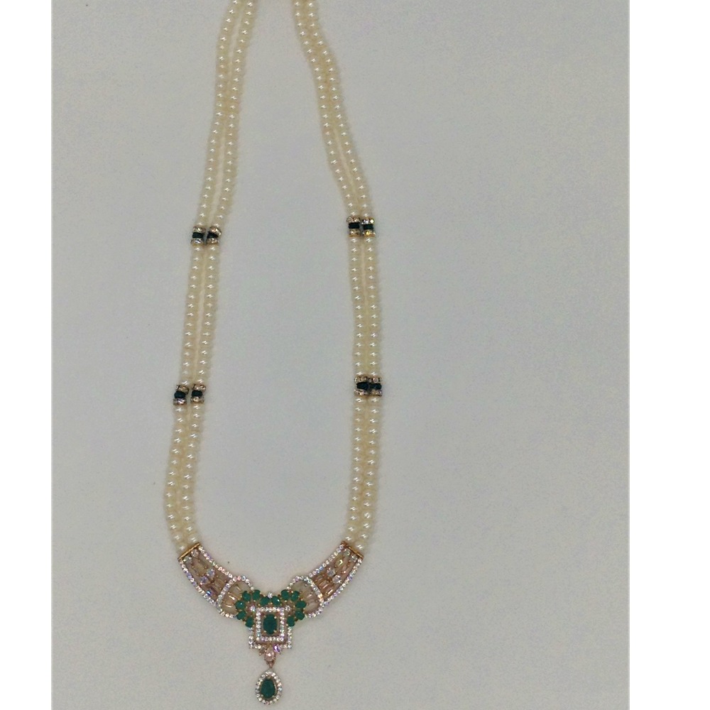 White;green cz pendent set with 2 line flat pearls jps0304
