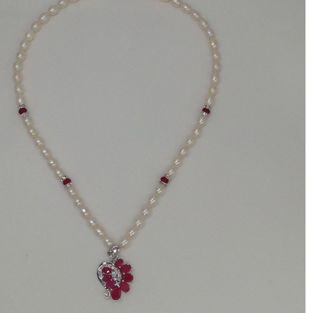 White;red cz pendent set with oval pearls mala jps0126