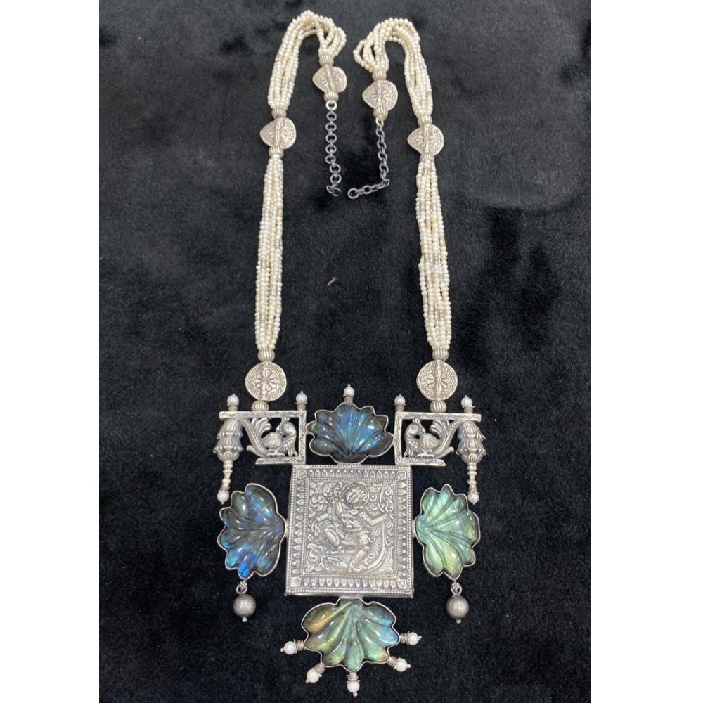 Pure Silver Temple Long OTP Set With Real Gems By Puran
