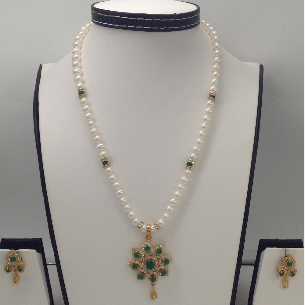 White;green cz pendent set with potato pearls mala jps0108
