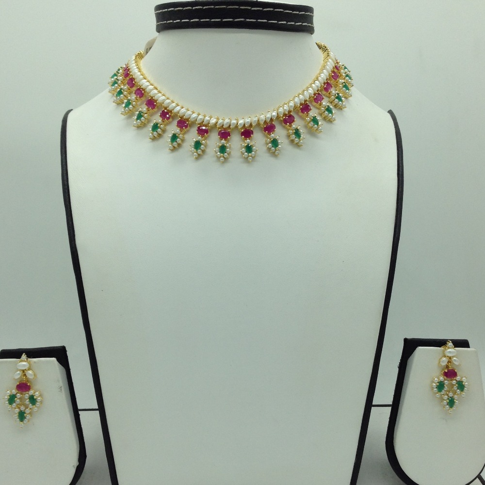 Pearls,red and green cz stones necklace set jnc0126