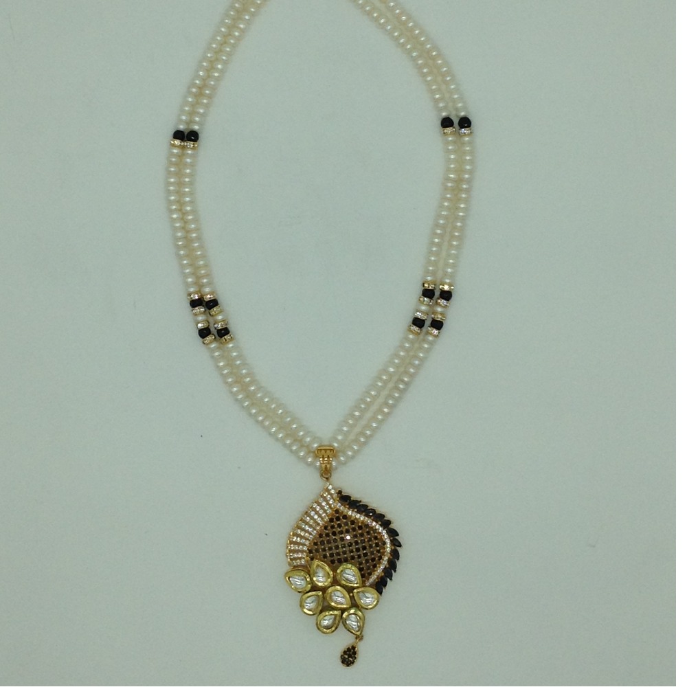 White and Black Cz Pendent Set With 2 Line White Pearls Mala JPS0810