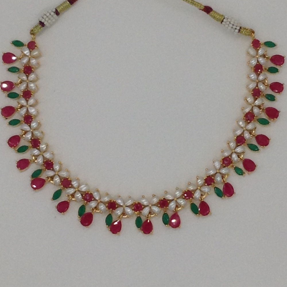 button pearls and red green cz stones necklace set jnc0062