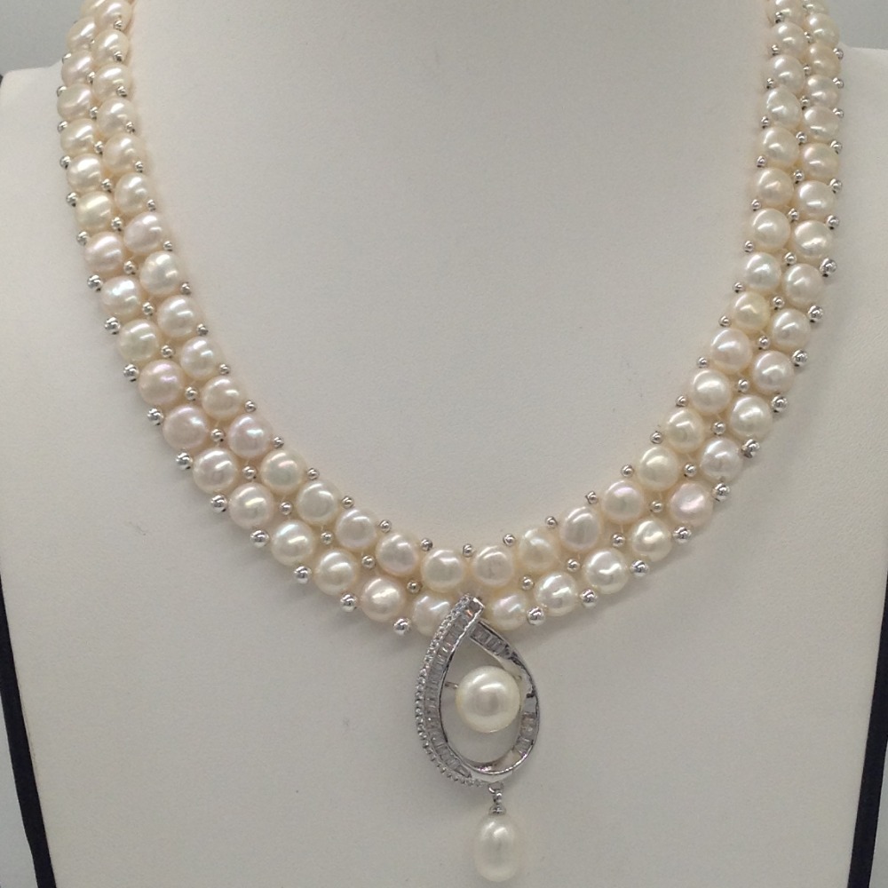 White cz pendent set with 2 line button pearls mala jps0238
