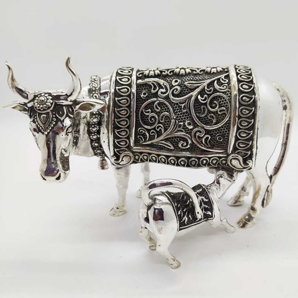 925 Pure Silver Cow & Calf In Antique Carvings PO-174-51