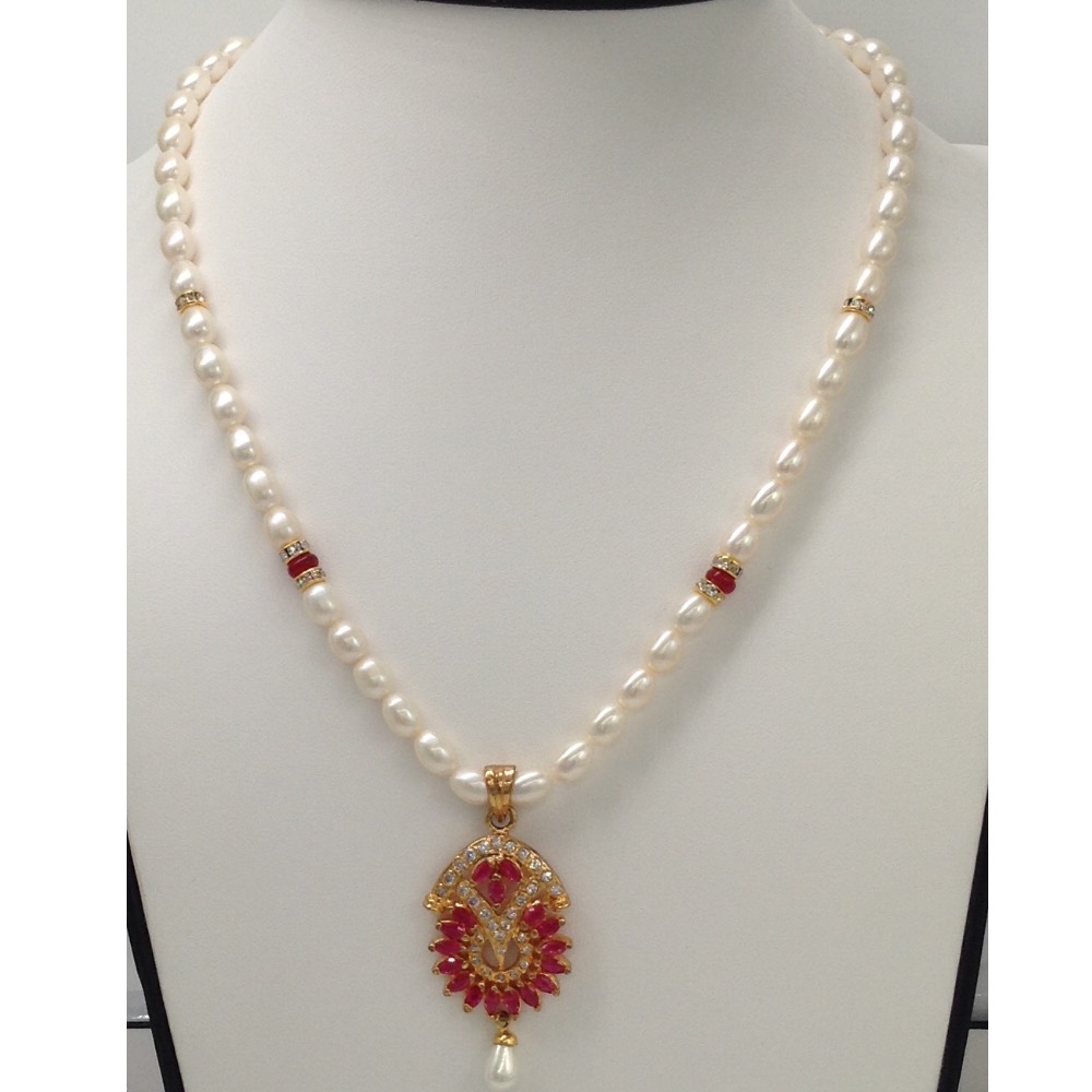 White;Red cz pendent set with oval pearls mala jps0093