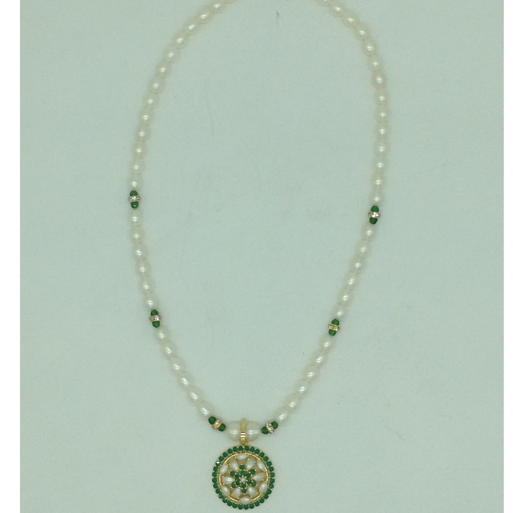 Green CZ Pendent Set With 1 Line Oval Pearls Mala JPS0726