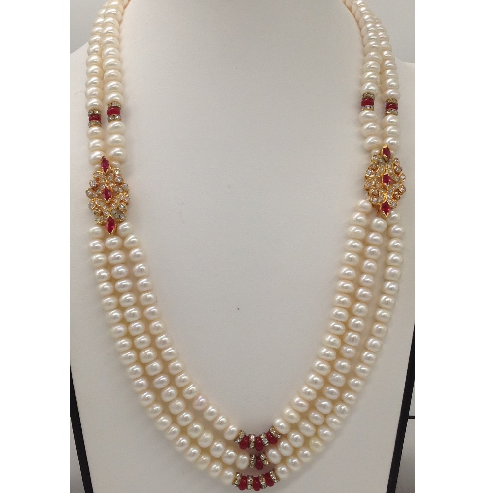 White And Red CZ Brooch Set With 3 Lines Flat Pearls Mala JPS0491