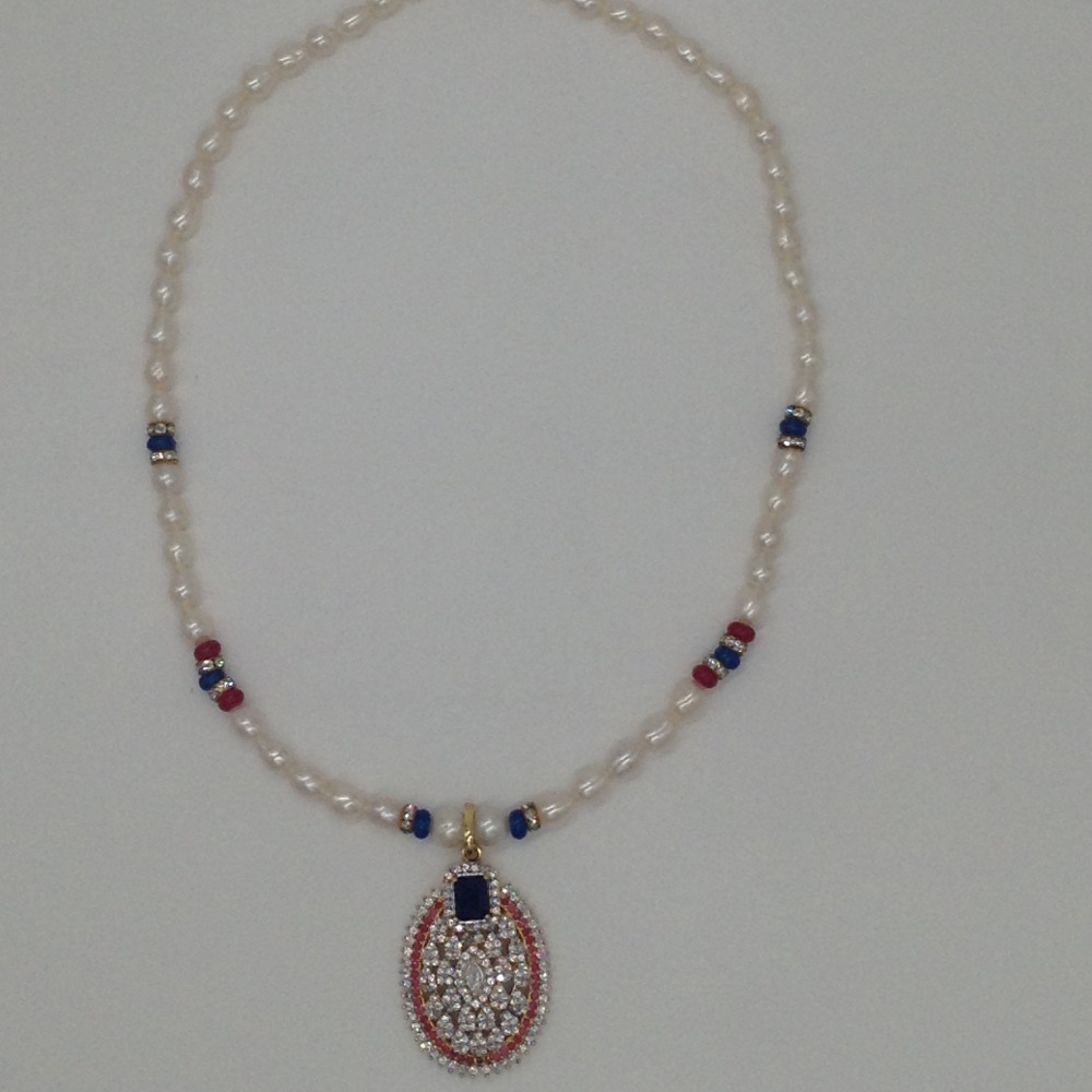 Tri colour cz pendent set with 1 line oval pearls mala jps0332