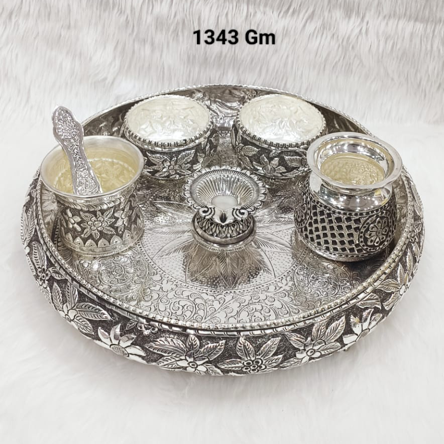 Pure Silver Pujan Thali Set In Antique Work