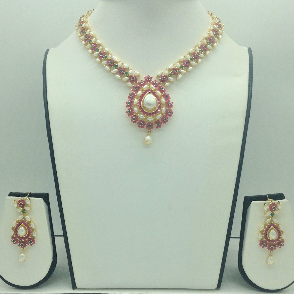 Red,Green Cz and Pearls Necklace Set JNC0197
