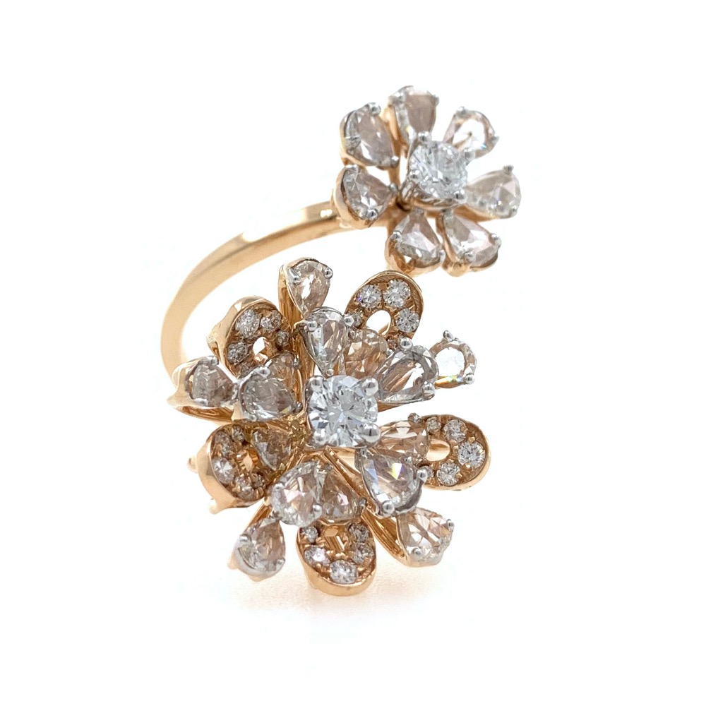 Dual Flower with Rosecut Diamonds Fancy Cocktail Party Ring in 18k Rose Gold - VVS EF - 2.32 carats - 7.530 grams - 0LR30