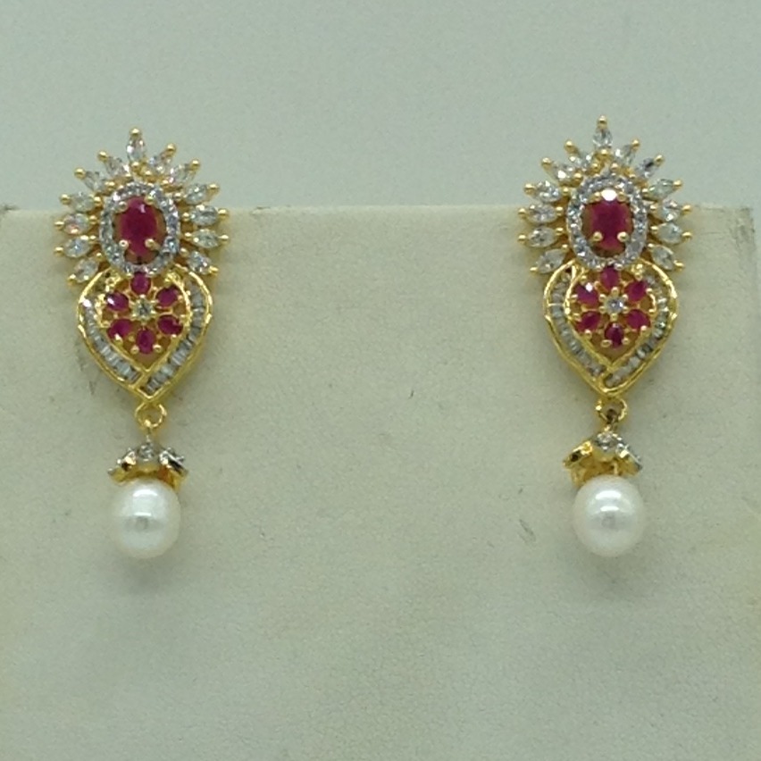 Red And White CZ Broach Set With 3 Line Flat Pearls Mala JPS0656