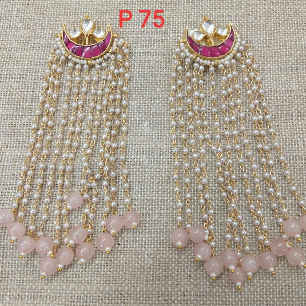 Long Pearl Earrings With Peach Color Beads