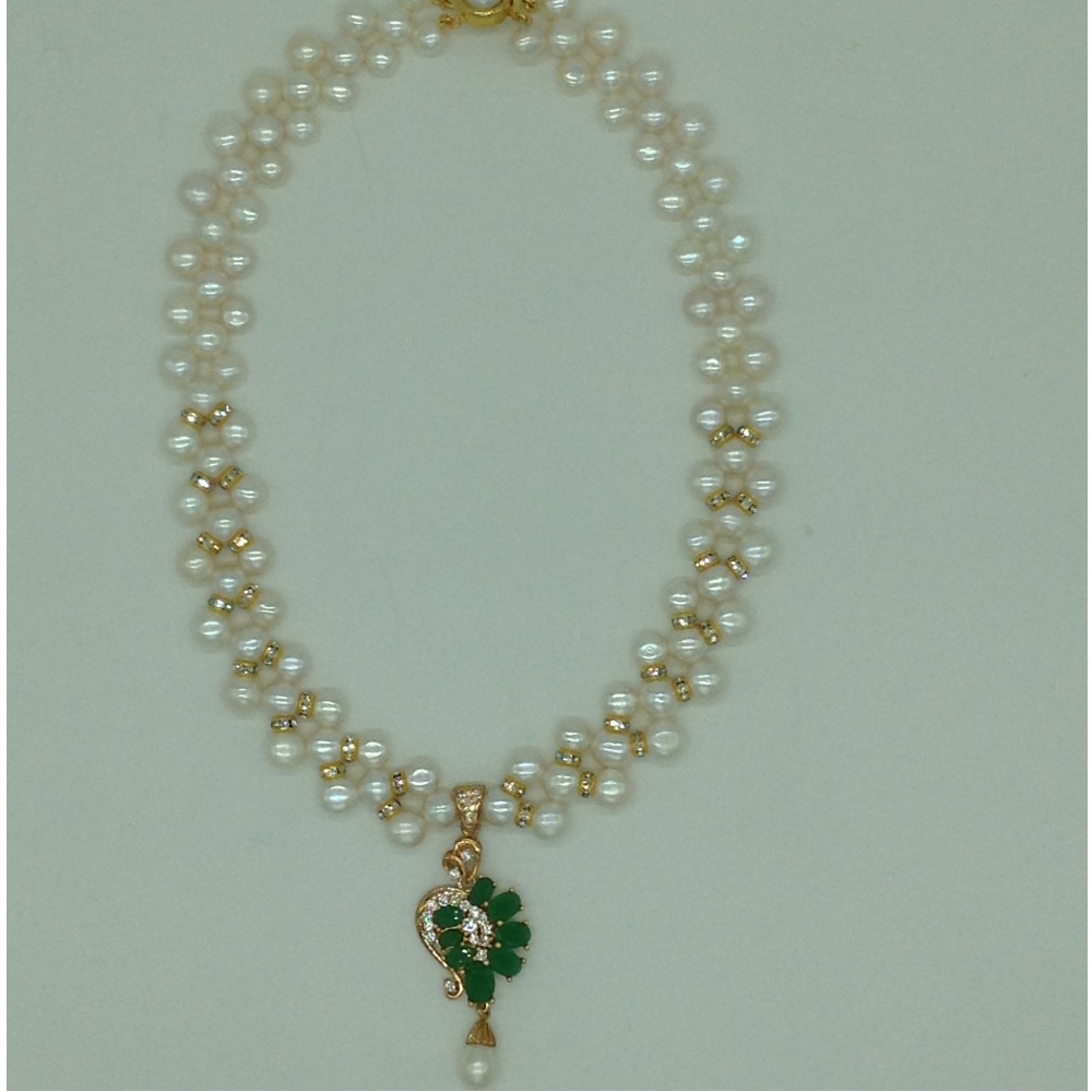 White,green cz pendent set with white zigzag mala jps0573