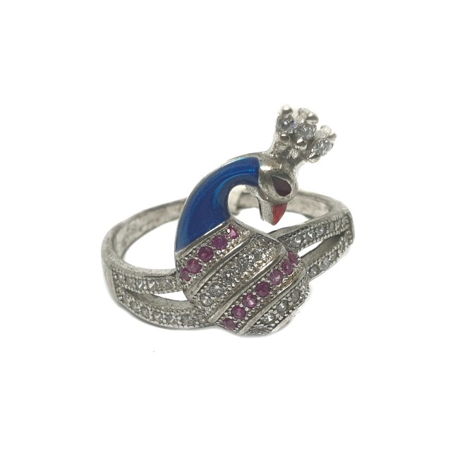 925 Sterling Silver Pink Diamond And Blue Meenakari Peacock Shaped Ring MGA - LRS1235