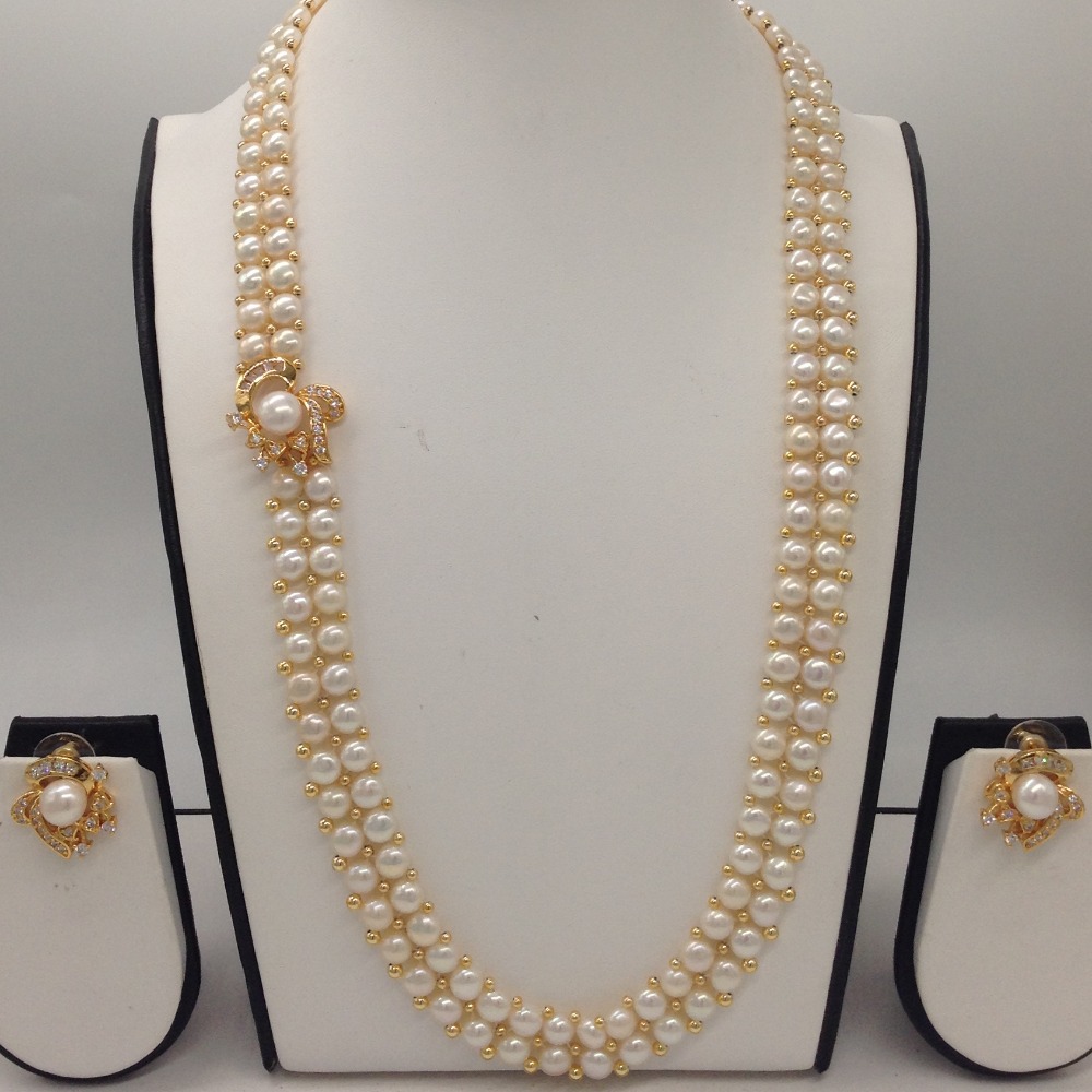 White CZ And Pearl Broach Set With 2 Line Button Jali Pearls Mala JPS0362