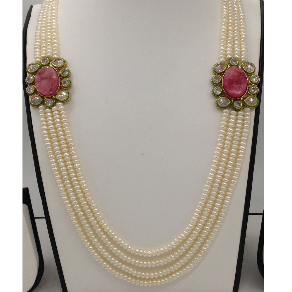 White cz and pink semi precious stone brooch set with 4 lines flat pearls mala jps0460