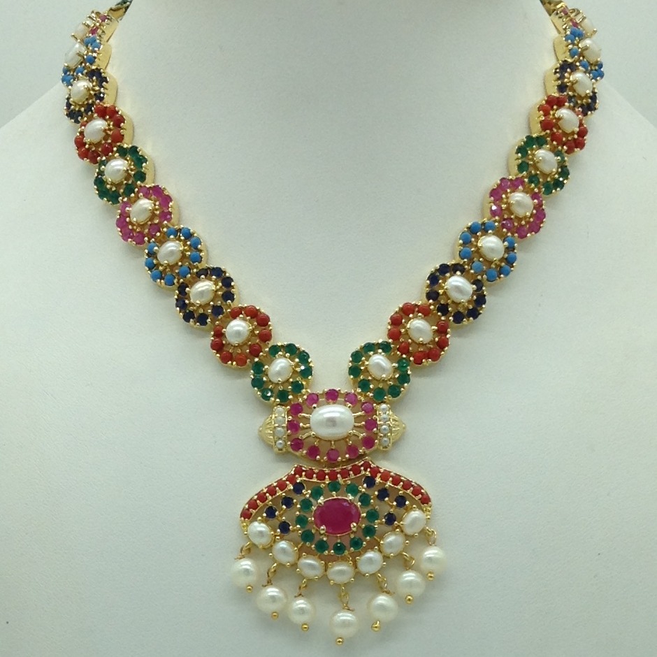 Navratan and white button pearls necklace set jnc0116