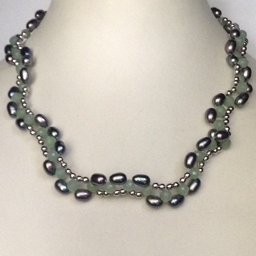 Freshwater grey oval pearls necklace with green cz beeds