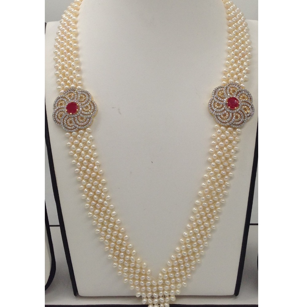 White And Red CZ Broach Set With Seed "V" Jali Pearls Mala JPS0203