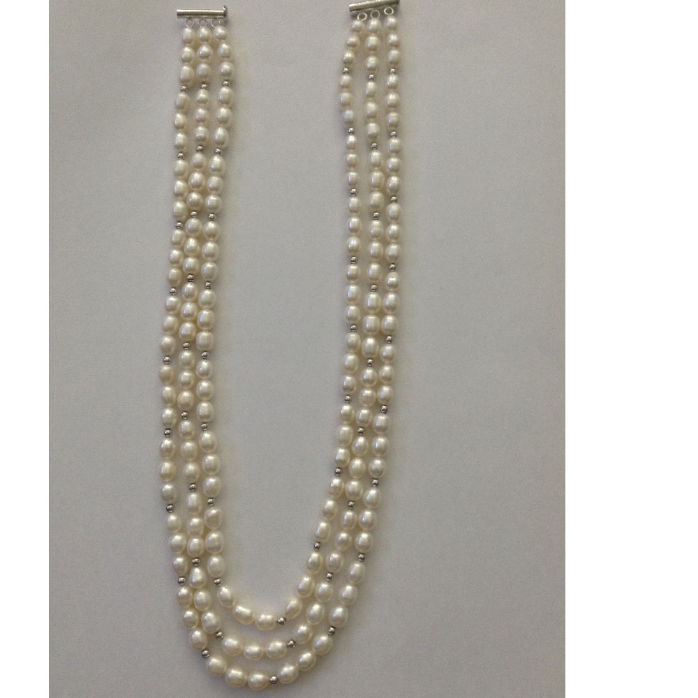 White Oval Pearls 3 Layers Necklace With White Balls JPM0281
