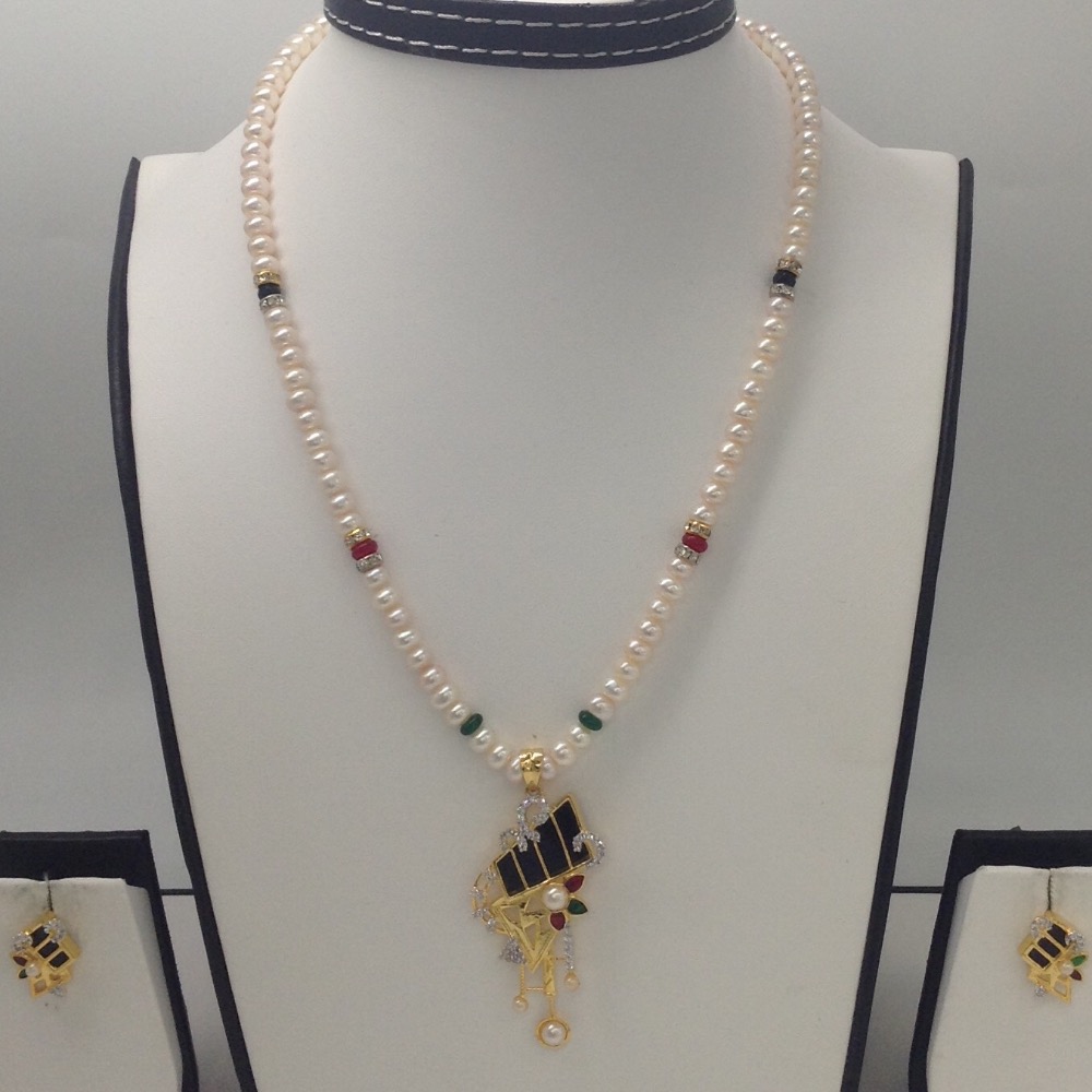 White cz and enamel pendent set with flat pearls mala jps0034