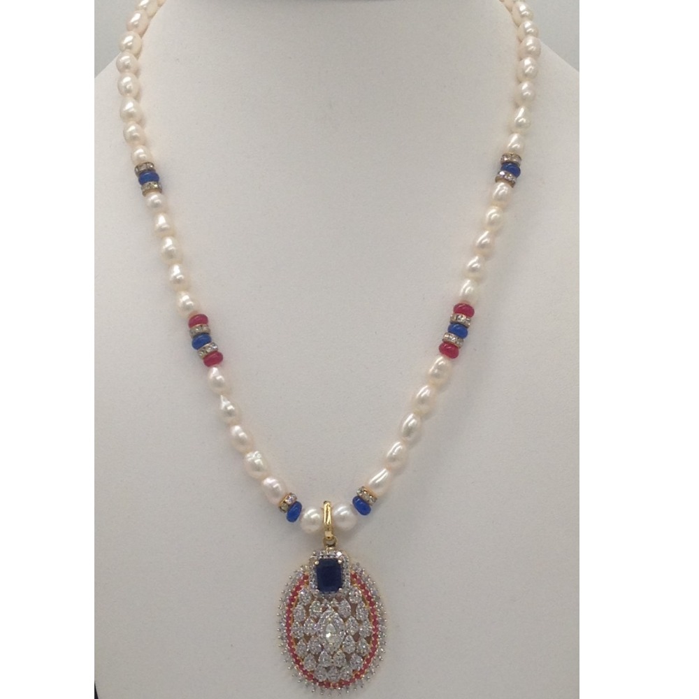 Tri colour cz pendent set with 1 line oval pearls mala jps0332