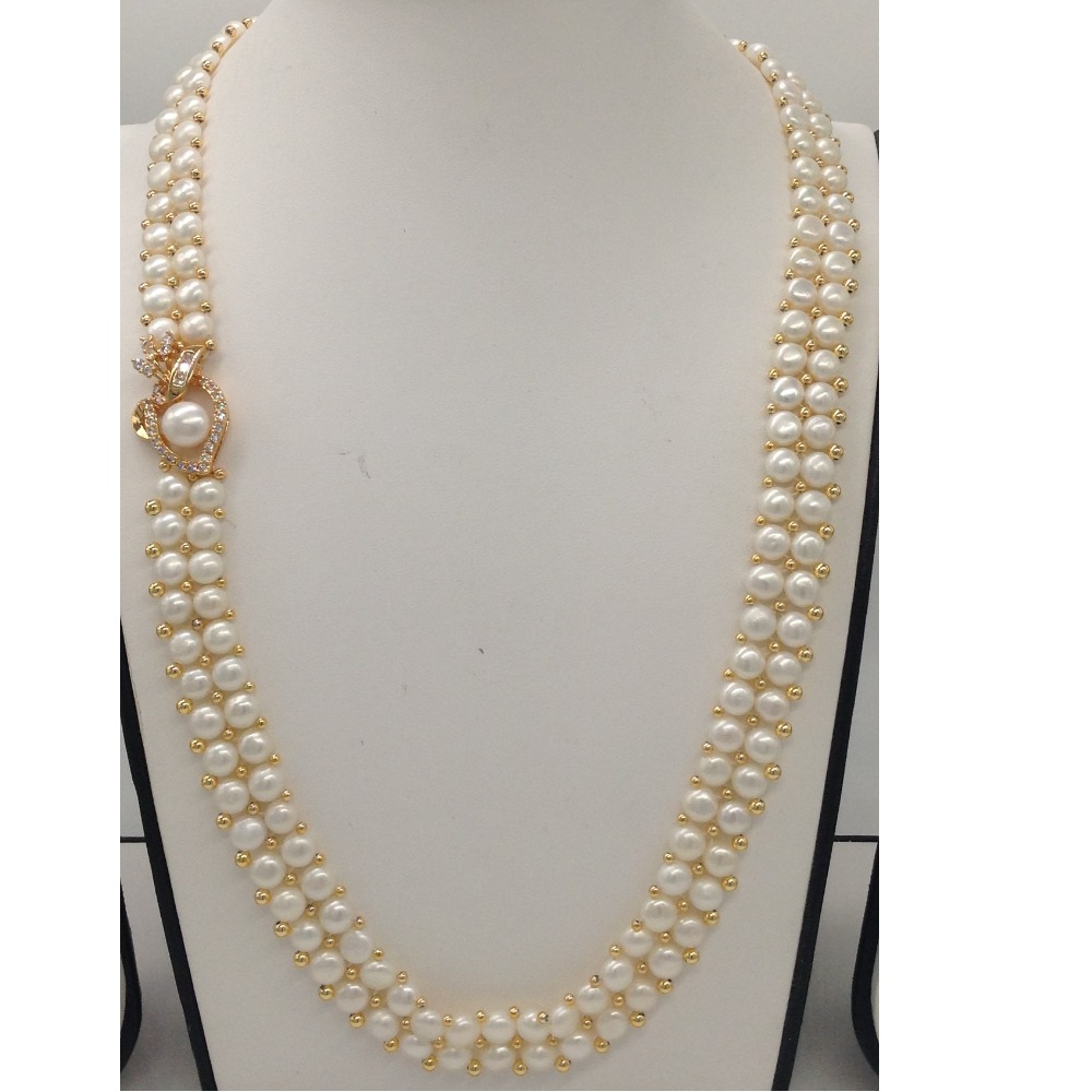 White CZ And Pearl Broach Set With 2 Line Button Jali Pearls Mala JPS0363