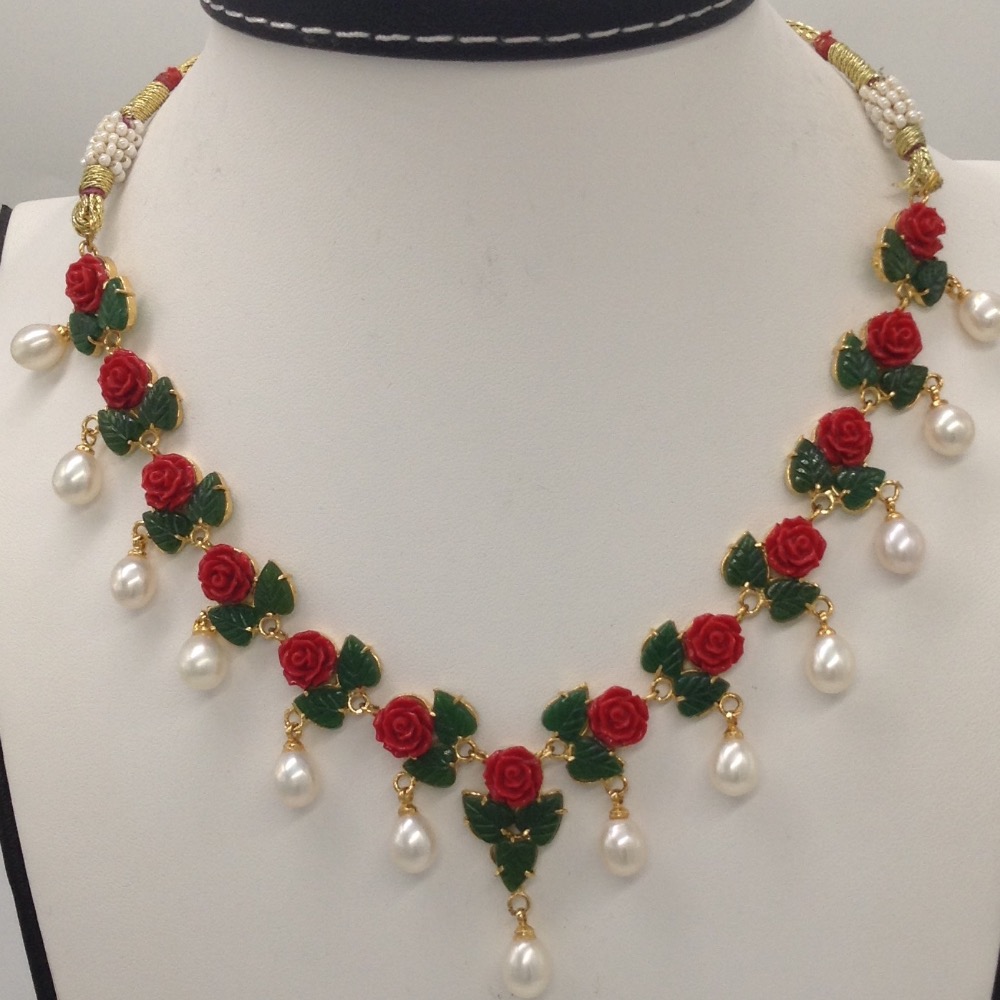 Coral, jade and pearls necklace set  jnc0046