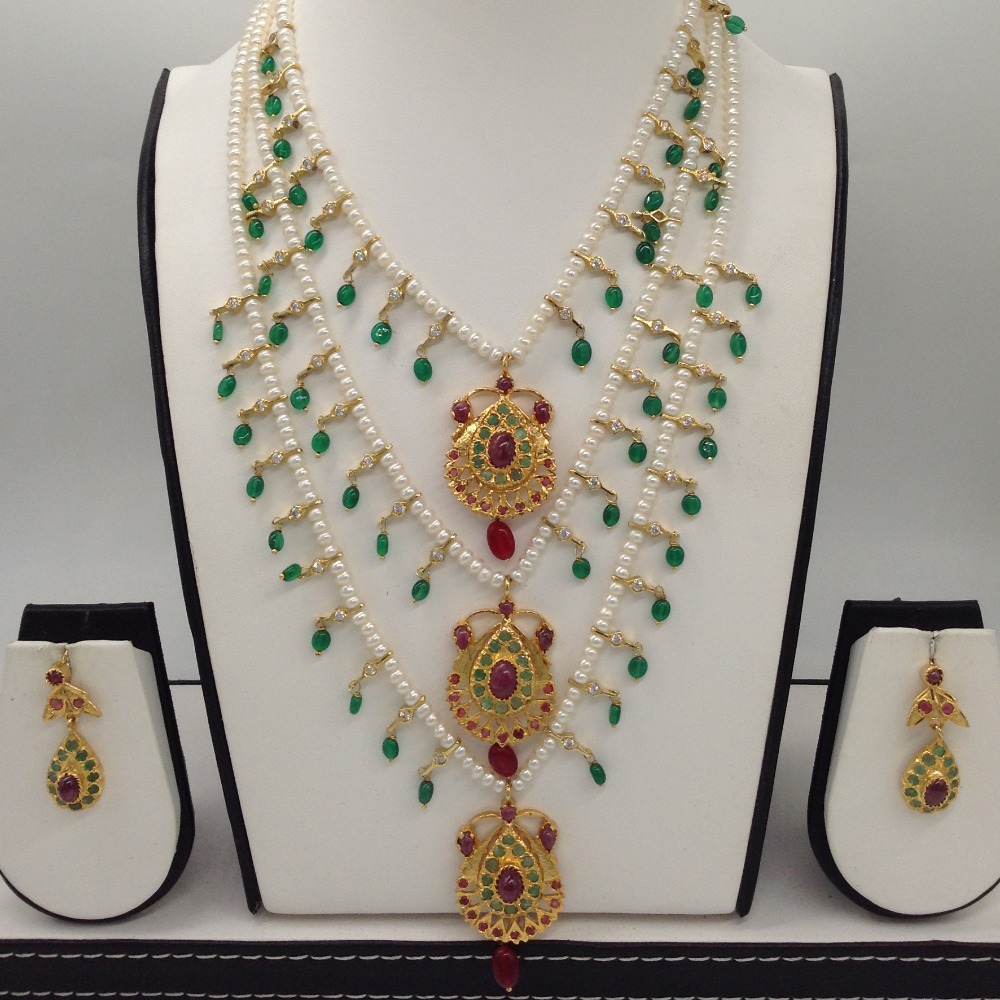 Ruby;emerald jugni 3 line haar set with 3 lines flat pearls jps0496