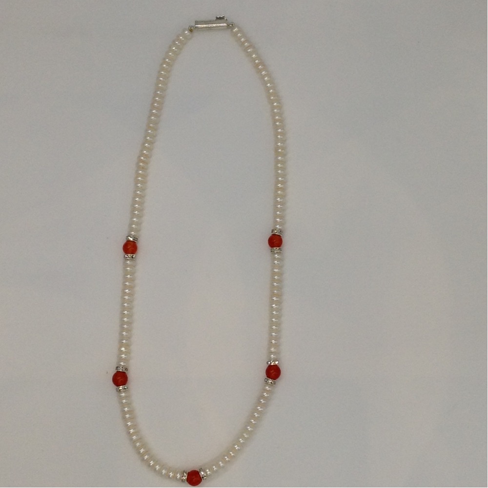 Freshwater white flat pearls strand with cz chakri JPM0089